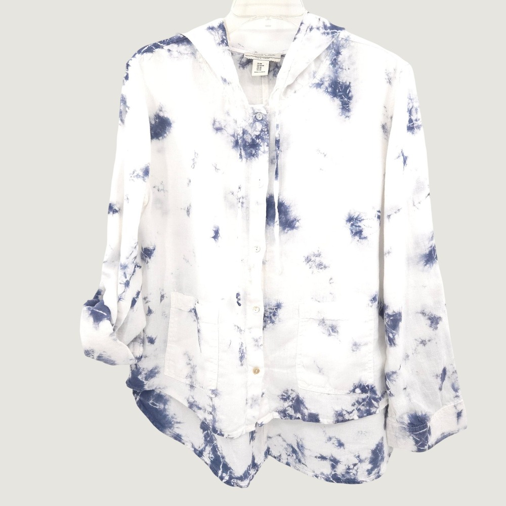Rachel Zoe Hoodie Shirt Womens Medium‎ Blue White Tie Dye 100% Linen Button Down